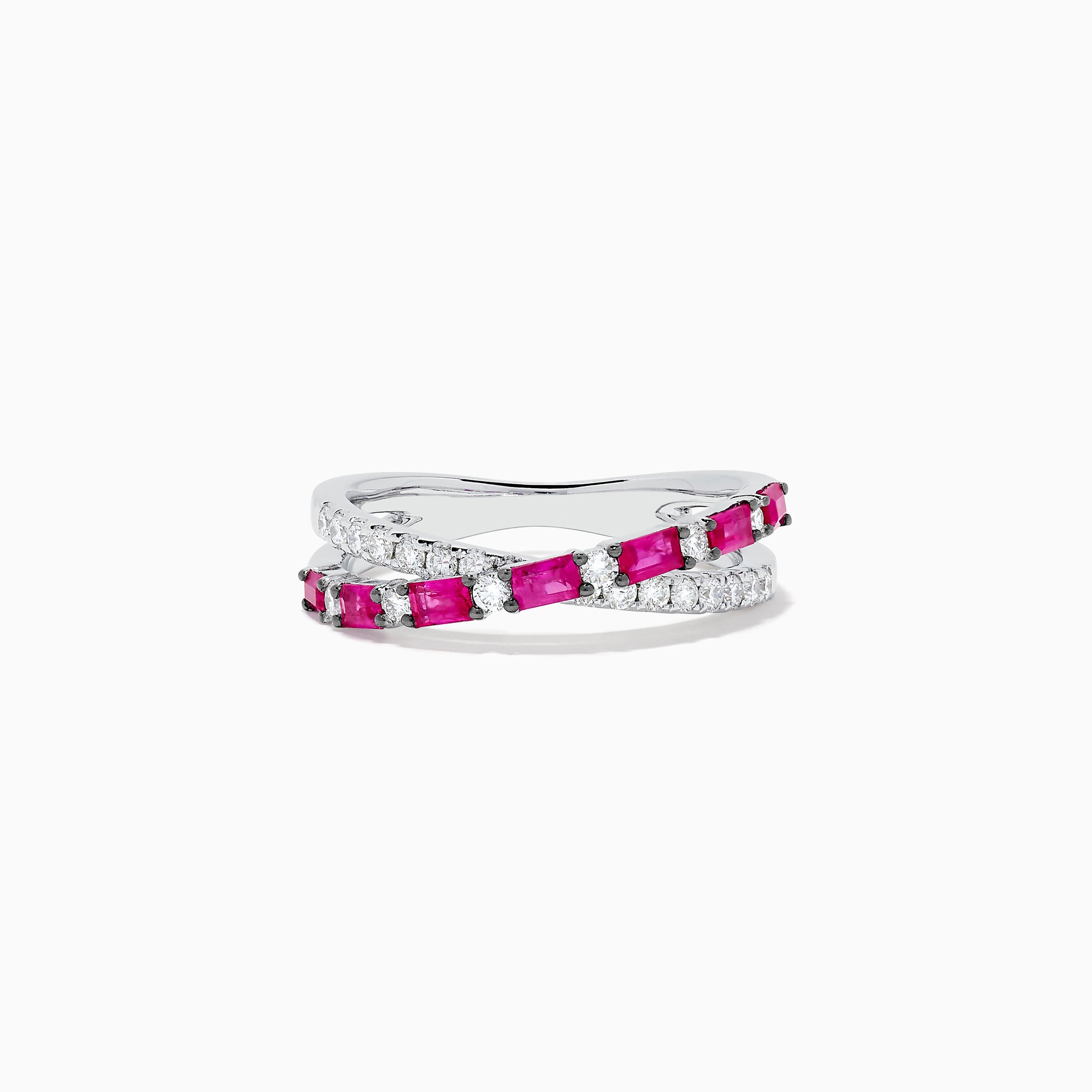 The Ruby Royale 14K White Gold Ruby and Diamond Crossover Band features a wavy, intertwined design with alternating square-cut rubies and round diamonds.