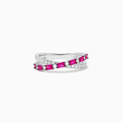 The Ruby Royale 14K White Gold Ruby and Diamond Crossover Band features a wavy, intertwined design with alternating square-cut rubies and round diamonds.