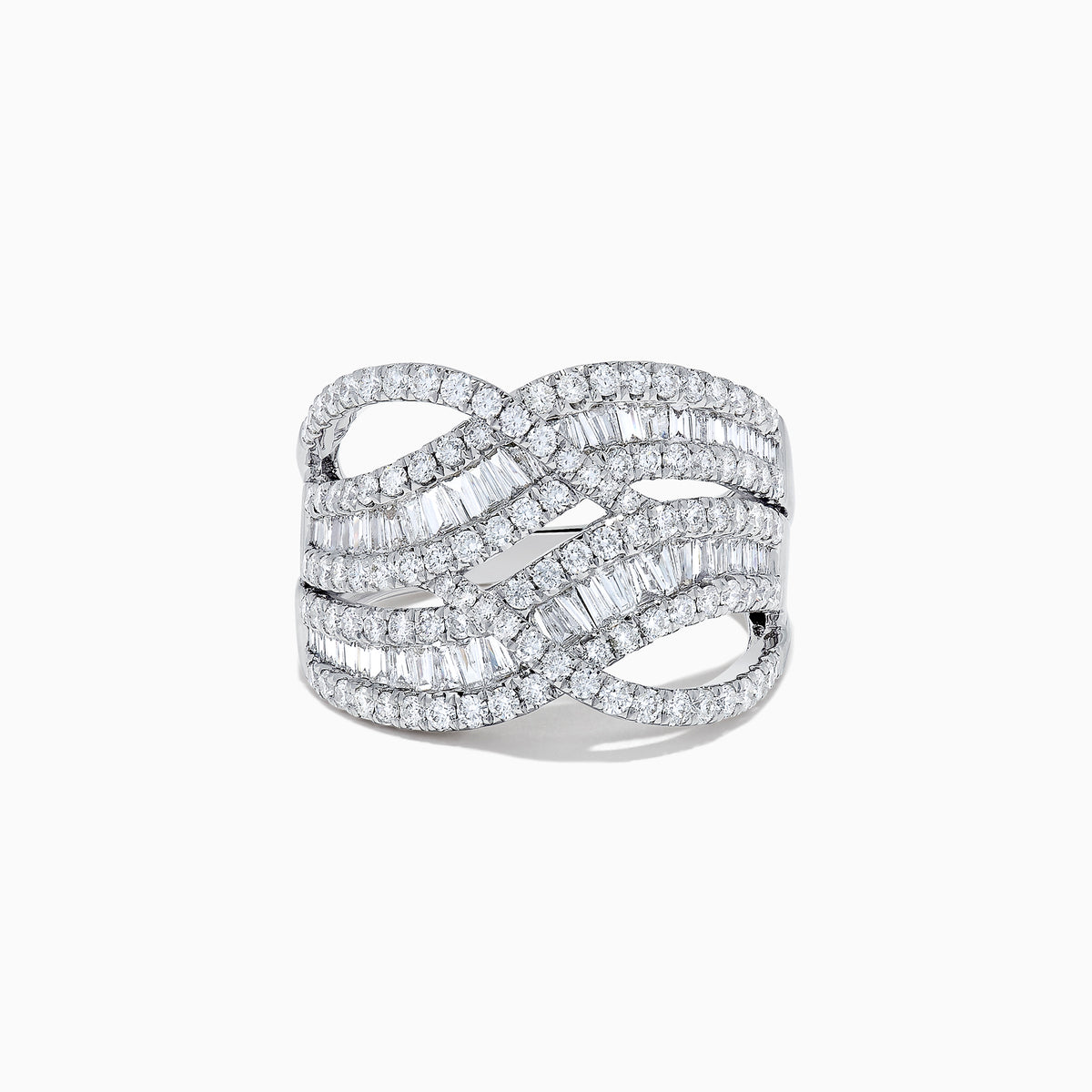 The Classique 14K White Gold Diamond Waves Ring features a wide band with an intricate crisscross design, adorned with baguette-cut and round brilliant diamonds totaling 1.66 TCW, set in white gold.