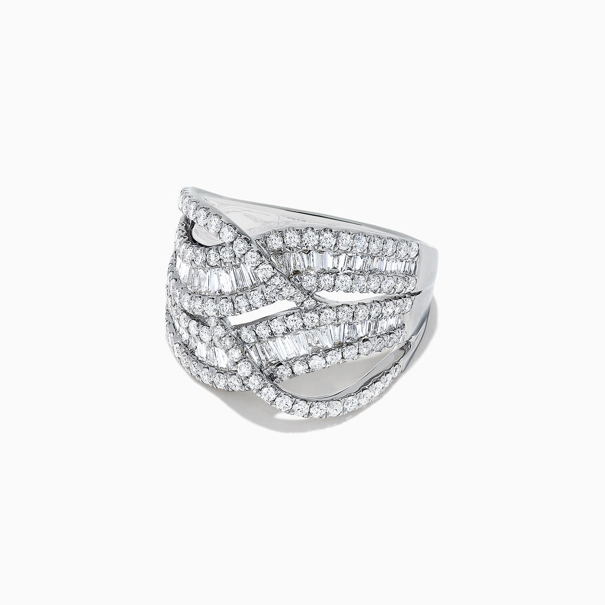The Classique 14K White Gold Diamond Waves Ring features a wide band with an intricate crisscross design, adorned with baguette-cut and round brilliant diamonds totaling 1.66 TCW, set in white gold.