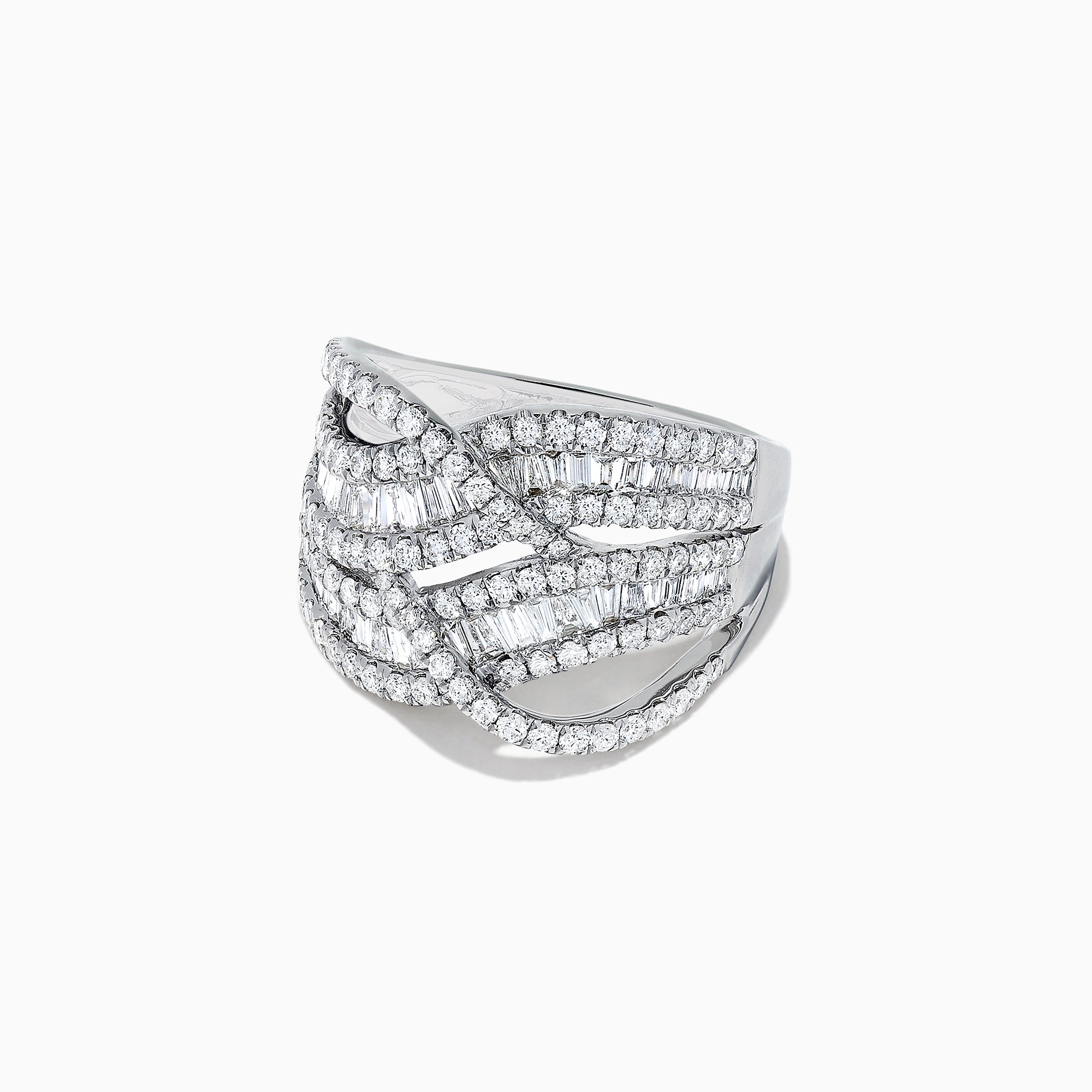 The Classique 14K White Gold Diamond Waves Ring features a wide band with an intricate crisscross design, adorned with baguette-cut and round brilliant diamonds totaling 1.66 TCW, set in white gold.