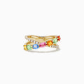 The Watercolors 14K Yellow Gold Multi Sapphire and Diamond Ring, 1.86 TCW, showcases a crisscross design with dazzling diamonds and colorful sapphires in red, orange, yellow, green, blue, and pink set along the bands.