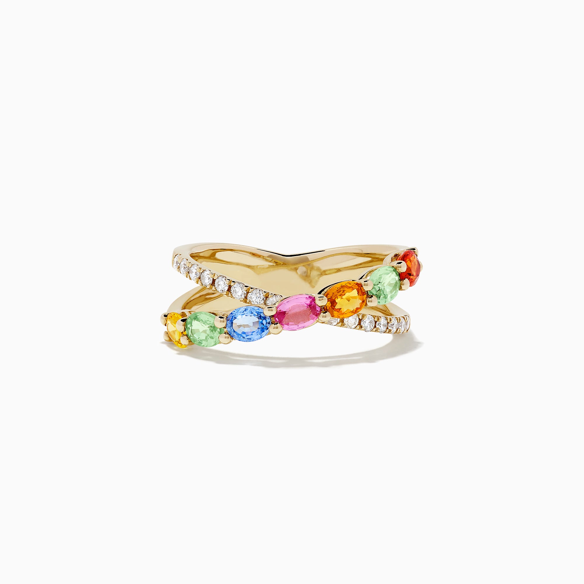 The Watercolors 14K Yellow Gold Multi Sapphire and Diamond Ring, 1.86 TCW, showcases a crisscross design with dazzling diamonds and colorful sapphires in red, orange, yellow, green, blue, and pink set along the bands.