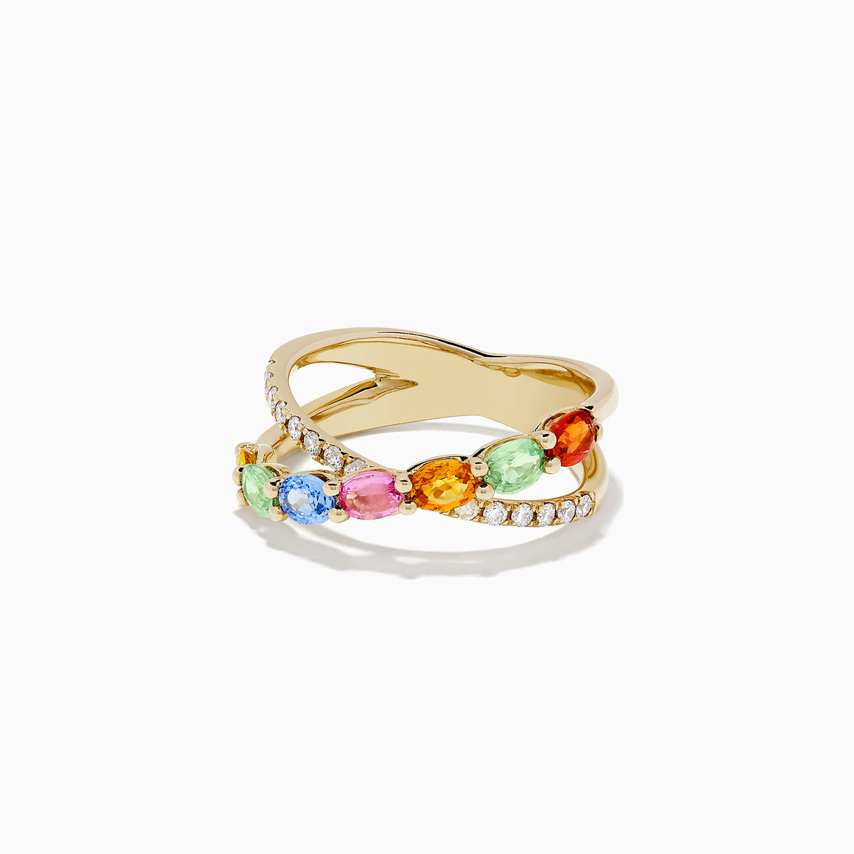 The Watercolors 14K Yellow Gold Multi Sapphire and Diamond Ring, 1.86 TCW, showcases a crisscross design with dazzling diamonds and colorful sapphires in red, orange, yellow, green, blue, and pink set along the bands.