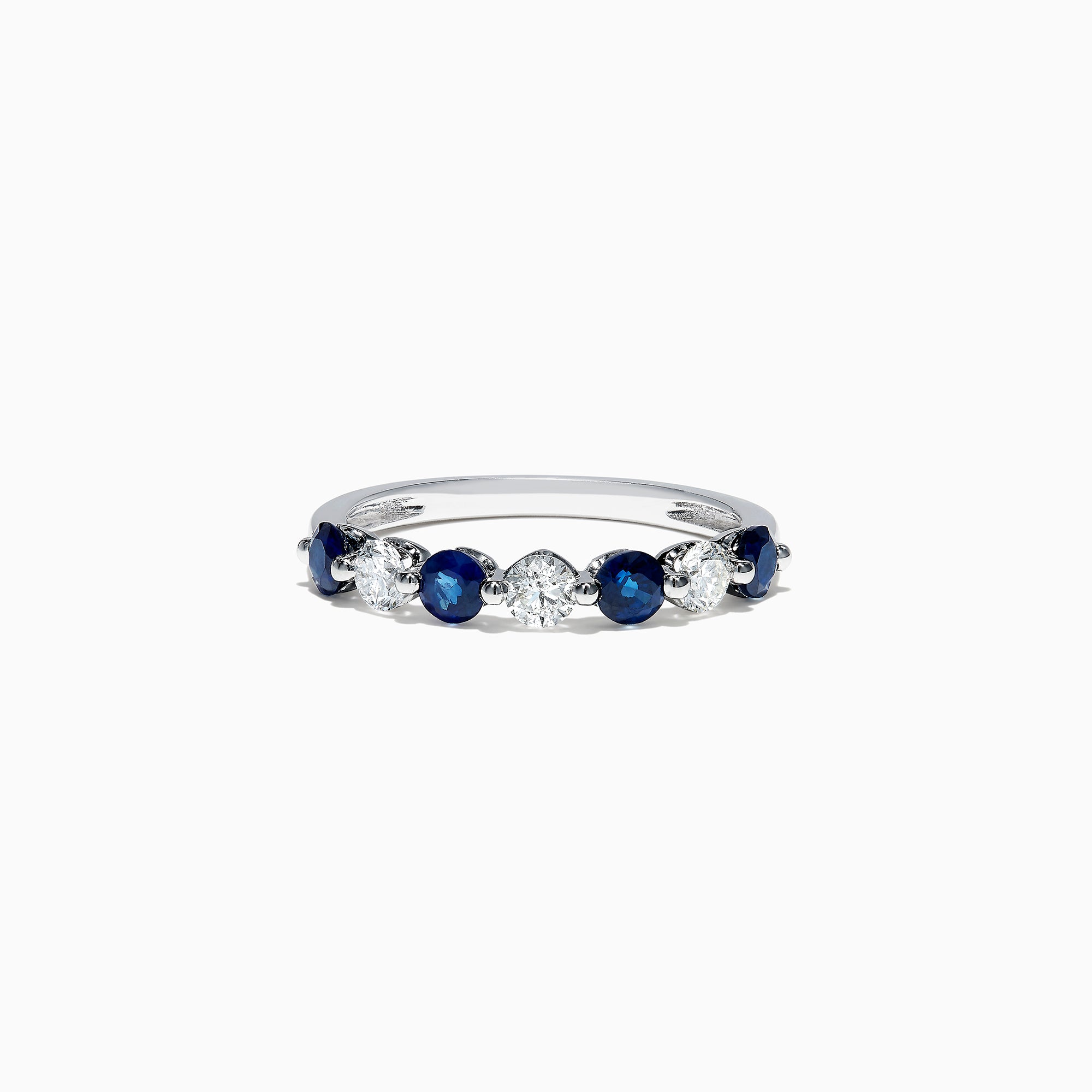 The Royale Bleu 14K White Gold Blue Sapphire and Diamond Ring (0.96 TCW) showcases alternating round blue sapphires and white diamonds set in a row along the band, displayed on a white background.