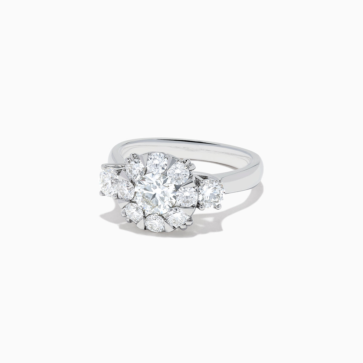 The Bouquet 14K White Gold Diamond Engagement Ring features a large round center diamond, a halo of sparkling stones, and diamonds along the band for added brilliance. Shown on a white background. Total carat weight: 1.91 TCW.