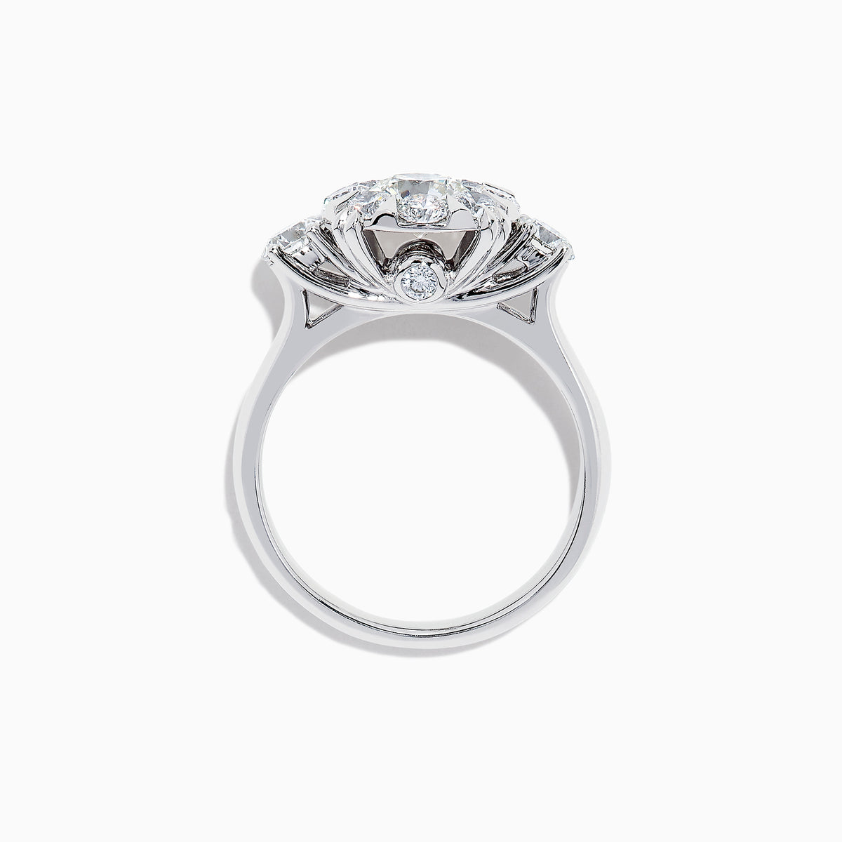 The Bouquet 14K White Gold Diamond Engagement Ring features a large round center diamond, a halo of sparkling stones, and diamonds along the band for added brilliance. Shown on a white background. Total carat weight: 1.91 TCW.