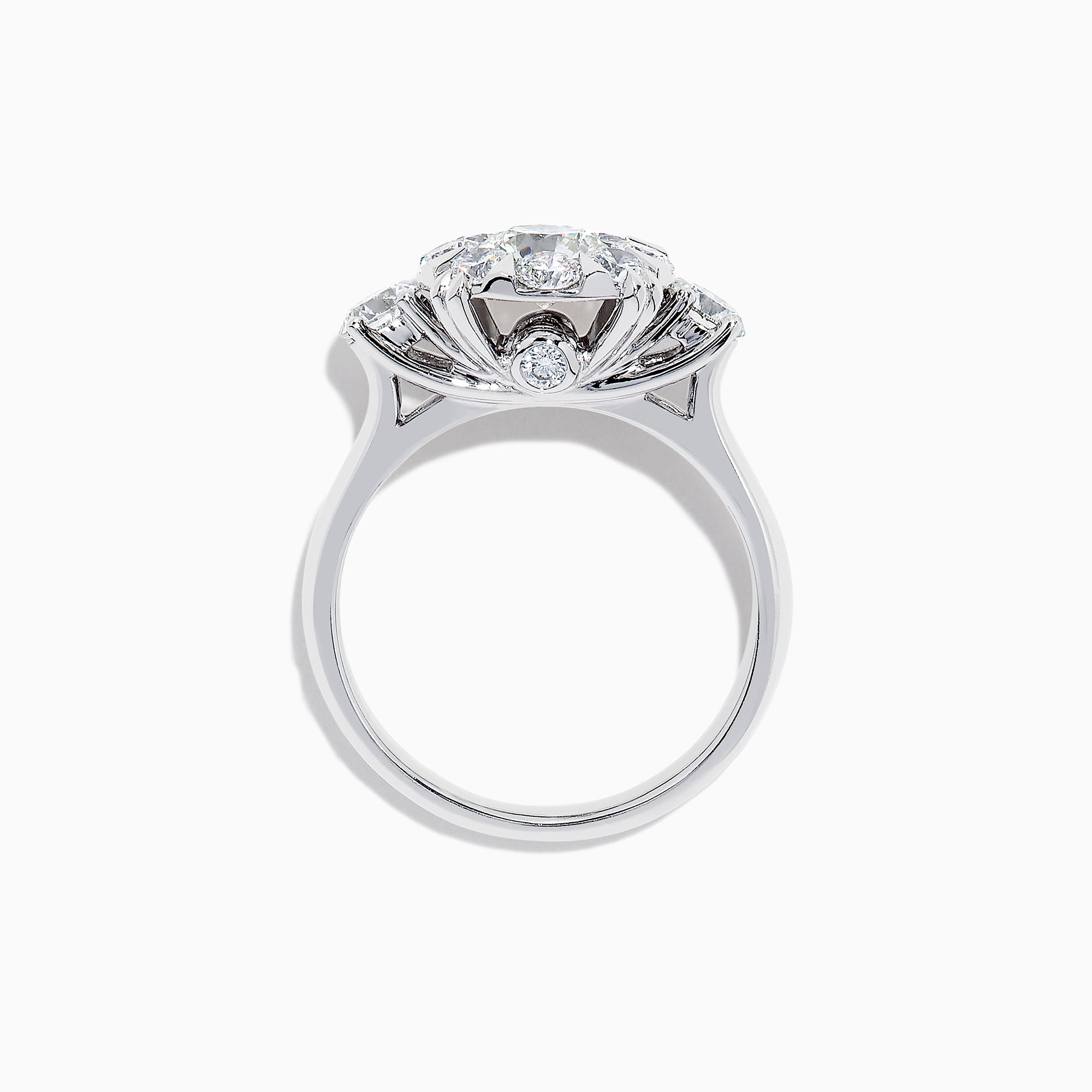 The Bouquet 14K White Gold Diamond Engagement Ring features a large round center diamond, a halo of sparkling stones, and diamonds along the band for added brilliance. Shown on a white background. Total carat weight: 1.91 TCW.
