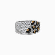The 14K 2-Tone Gold Black, Espresso and White Diamond Ring (1.67 TCW) features half encrusted with white diamonds and half with a black background adorned with brown and white diamond clusters in a spotted pattern.