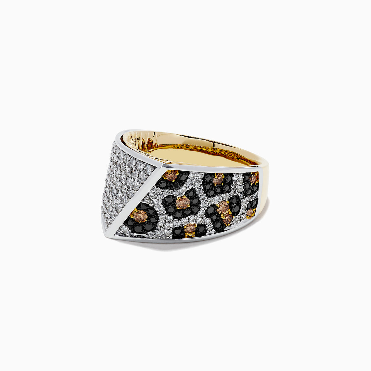 The 14K 2-Tone Gold Black, Espresso and White Diamond Ring (1.67 TCW) features half encrusted with white diamonds and half with a black background adorned with brown and white diamond clusters in a spotted pattern.