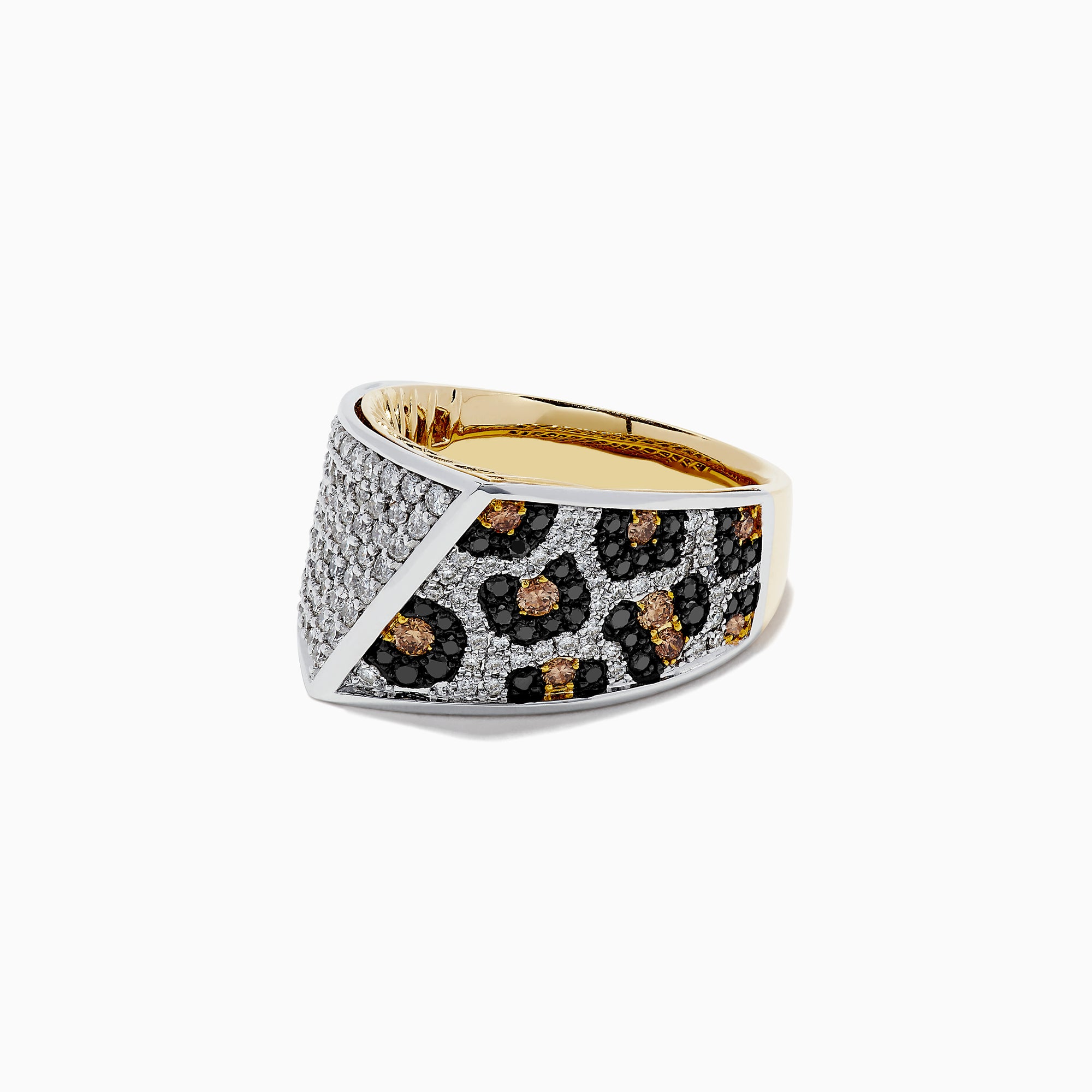 The 14K 2-Tone Gold Black, Espresso and White Diamond Ring (1.67 TCW) features half encrusted with white diamonds and half with a black background adorned with brown and white diamond clusters in a spotted pattern.