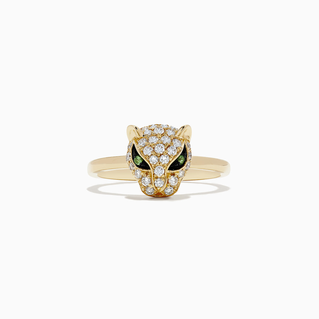 The Signature 14K Yellow Gold Diamond and Tsavorite Panther Ring, 0.47 TCW, features a panther head adorned with white diamonds and vivid tsavorite gemstone eyes, displayed on a plain white background.
