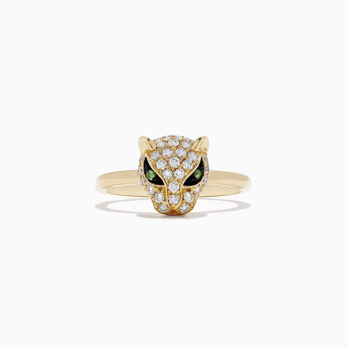 The Signature 14K Yellow Gold Diamond and Tsavorite Panther Ring, 0.47 TCW, features a panther head adorned with white diamonds and vivid tsavorite gemstone eyes, displayed on a plain white background.