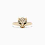 The Signature 14K Yellow Gold Diamond and Tsavorite Panther Ring, 0.47 TCW, features a panther head adorned with white diamonds and vivid tsavorite gemstone eyes, displayed on a plain white background.