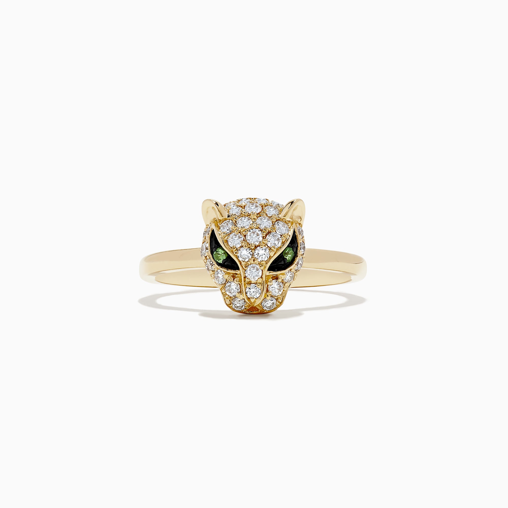 The Signature 14K Yellow Gold Diamond and Tsavorite Panther Ring, 0.47 TCW, features a panther head adorned with white diamonds and vivid tsavorite gemstone eyes, displayed on a plain white background.