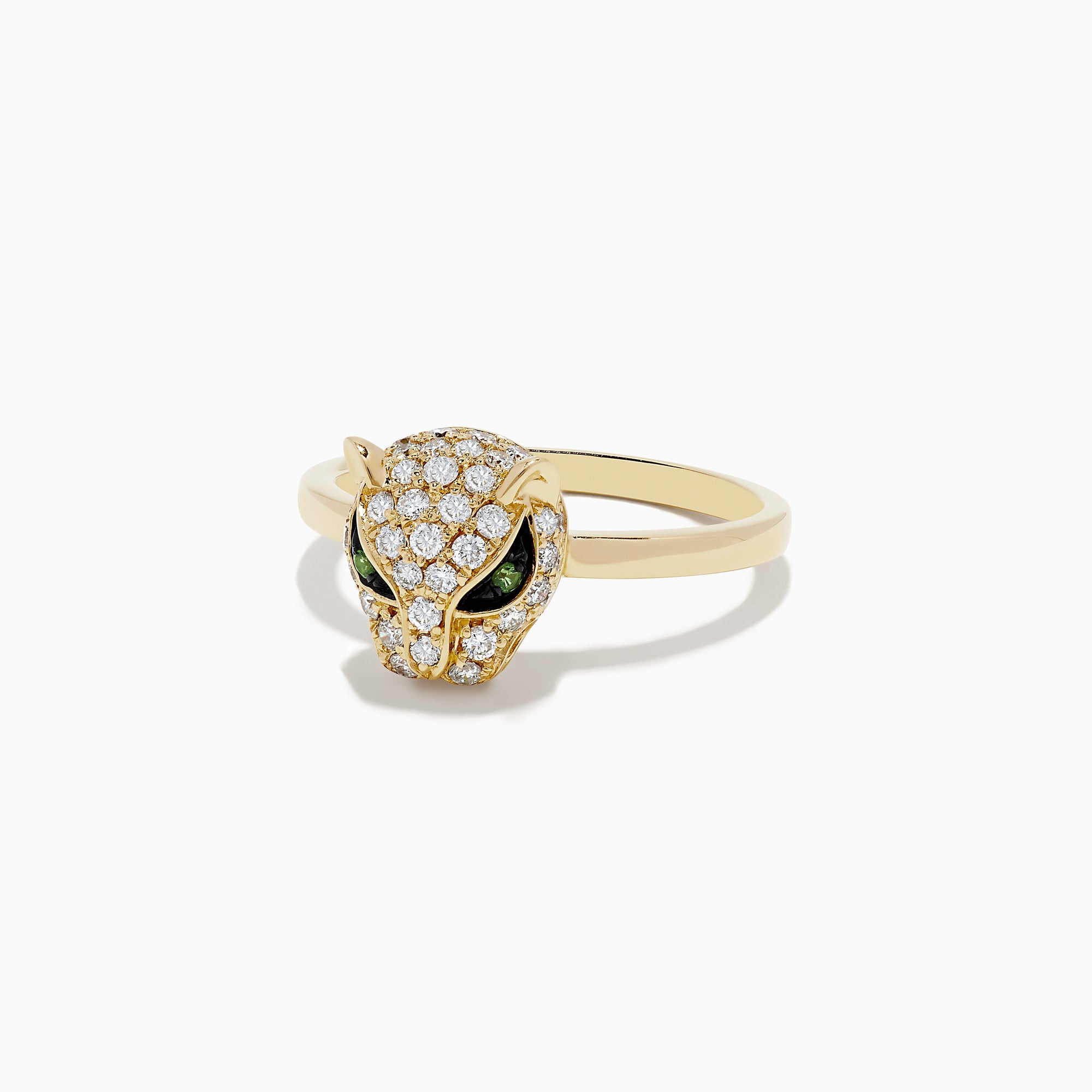 The Signature 14K Yellow Gold Diamond and Tsavorite Panther Ring, 0.47 TCW, features a panther head adorned with white diamonds and vivid tsavorite gemstone eyes, displayed on a plain white background.