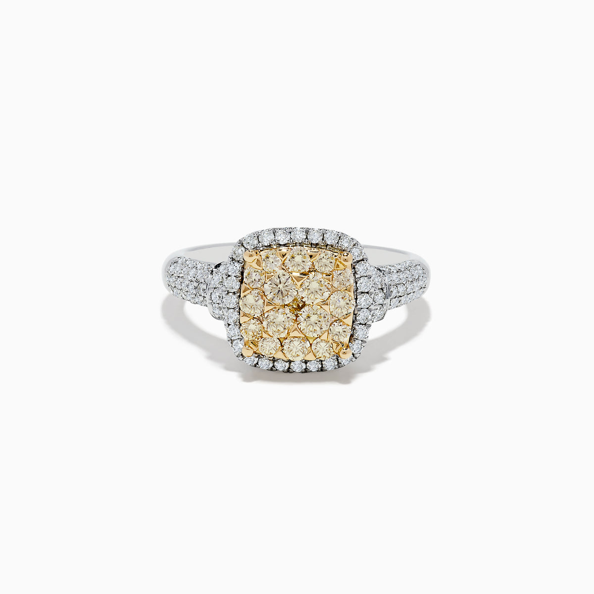 The Canare Two Tone Gold Cushion Shaped Cluster Yellow Diamond Ring 1.19 TCW features a vibrant yellow diamond cluster at the center, framed by white diamonds and accented with more diamonds along the band.