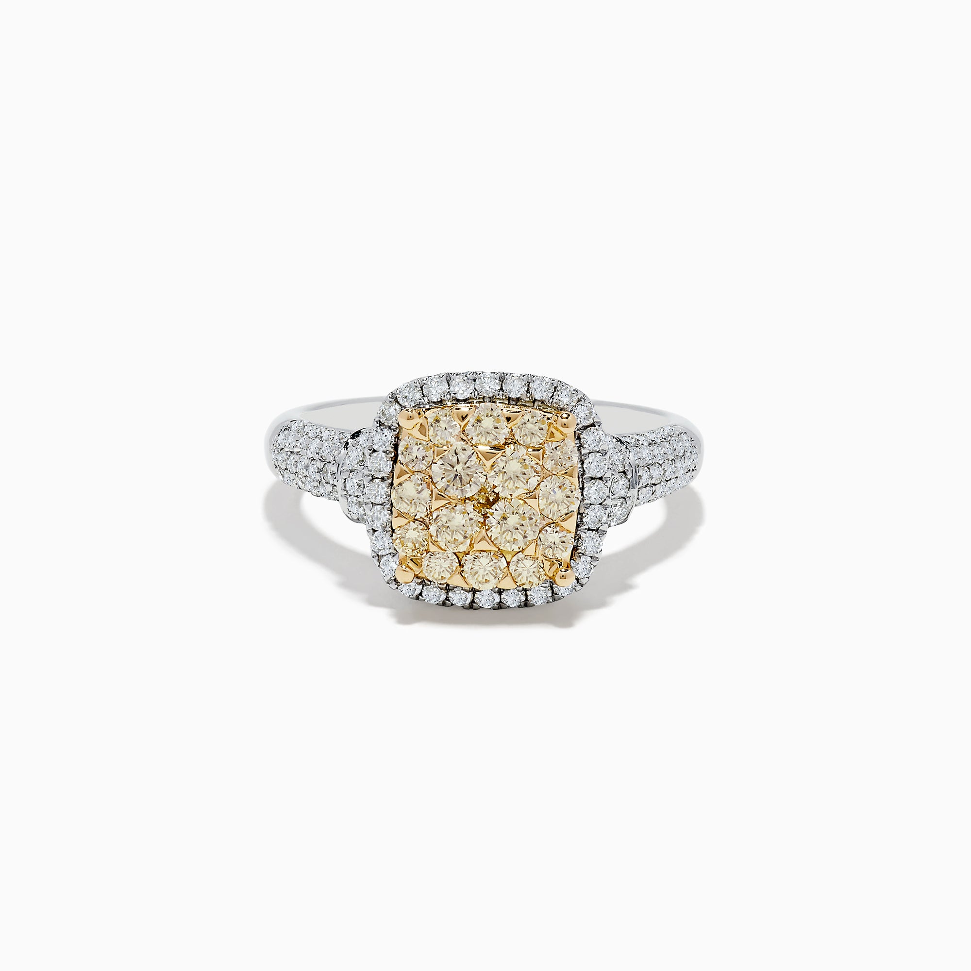 The Canare Two Tone Gold Cushion Shaped Cluster Yellow Diamond Ring 1.19 TCW features a vibrant yellow diamond cluster at the center, framed by white diamonds and accented with more diamonds along the band.