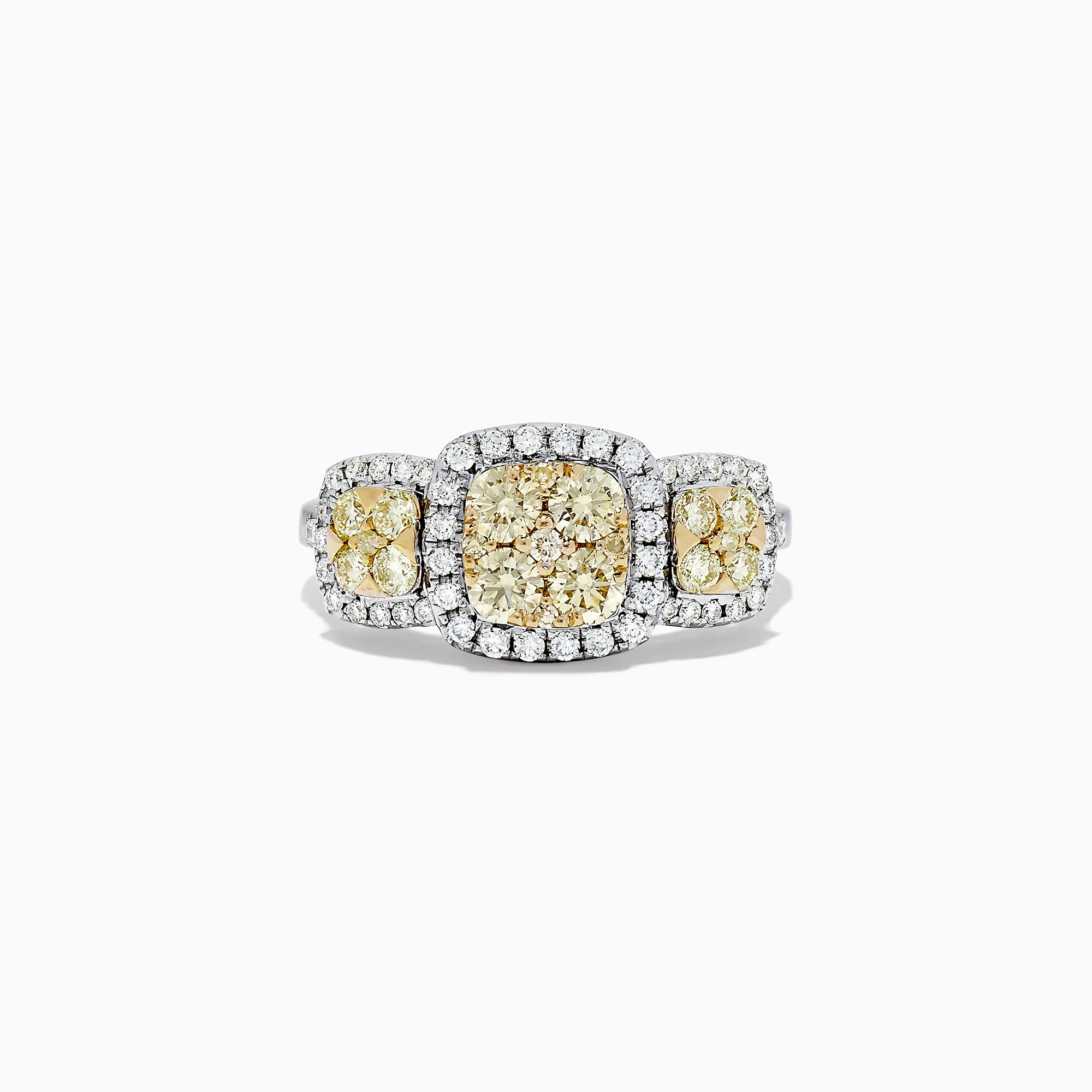 The Canare 14K Two Tone Gold Yellow Diamond Cushion Shaped Cluster Ring features a large cushion-cut yellow diamond, smaller round yellow diamonds, and a halo of white diamonds on a diamond-encrusted band; total carat weight 1.10.