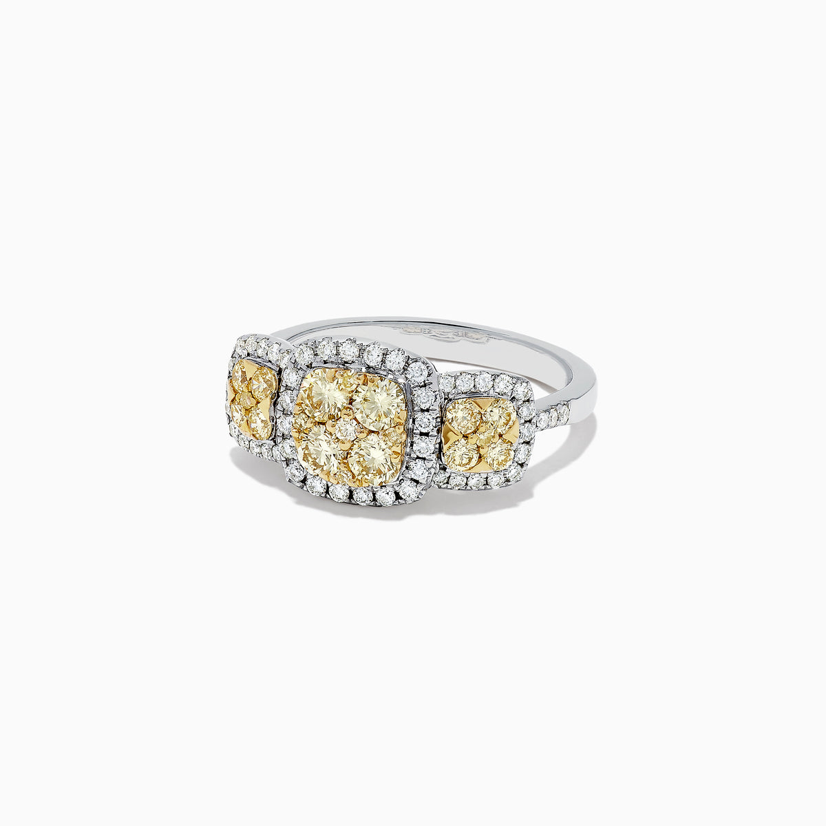 The Canare 14K Two Tone Gold Yellow Diamond Cushion Shaped Cluster Ring features a large cushion-cut yellow diamond, smaller round yellow diamonds, and a halo of white diamonds on a diamond-encrusted band; total carat weight 1.10.