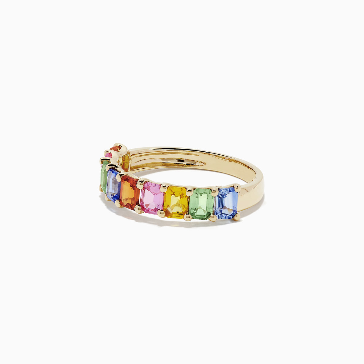 The Watercolors 14K Yellow Gold Multi Sapphire Ring, 2.22 TCW, showcases a row of rectangular pink, blue, green, yellow, and orange sapphires in a continuous band design.