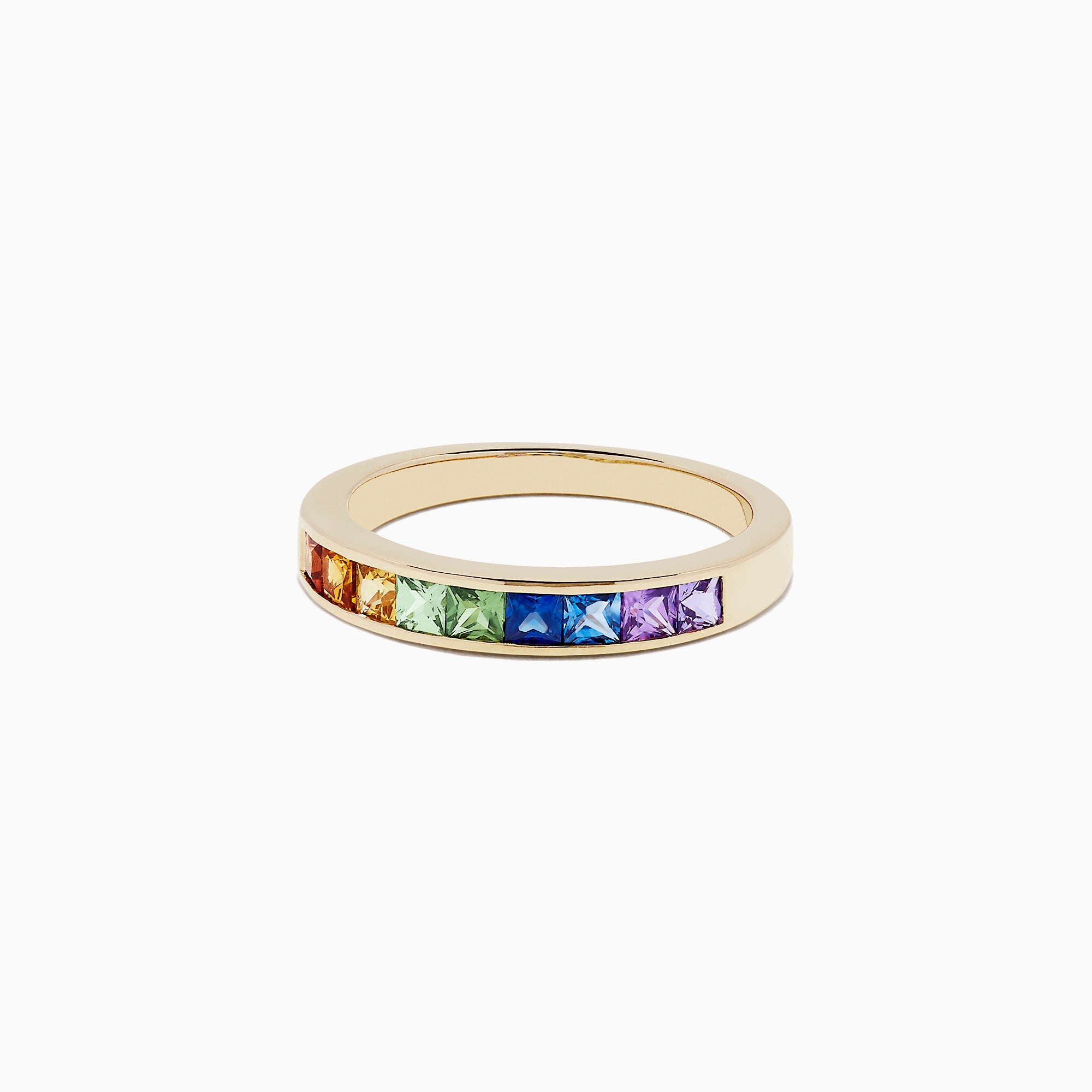 The Watercolors 14K Yellow Gold Channel Set Multi Sapphire Ring features square-cut rainbow sapphires, totaling 0.86 TCW, arranged side by side in a vibrant band.