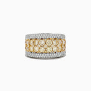 The Canare 14K Two Tone Gold Yellow Diamond Statement Ring 3.68 TCW features rows of round yellow diamonds at the center, bordered by sparkling white diamonds, set in luxurious two tone gold.
