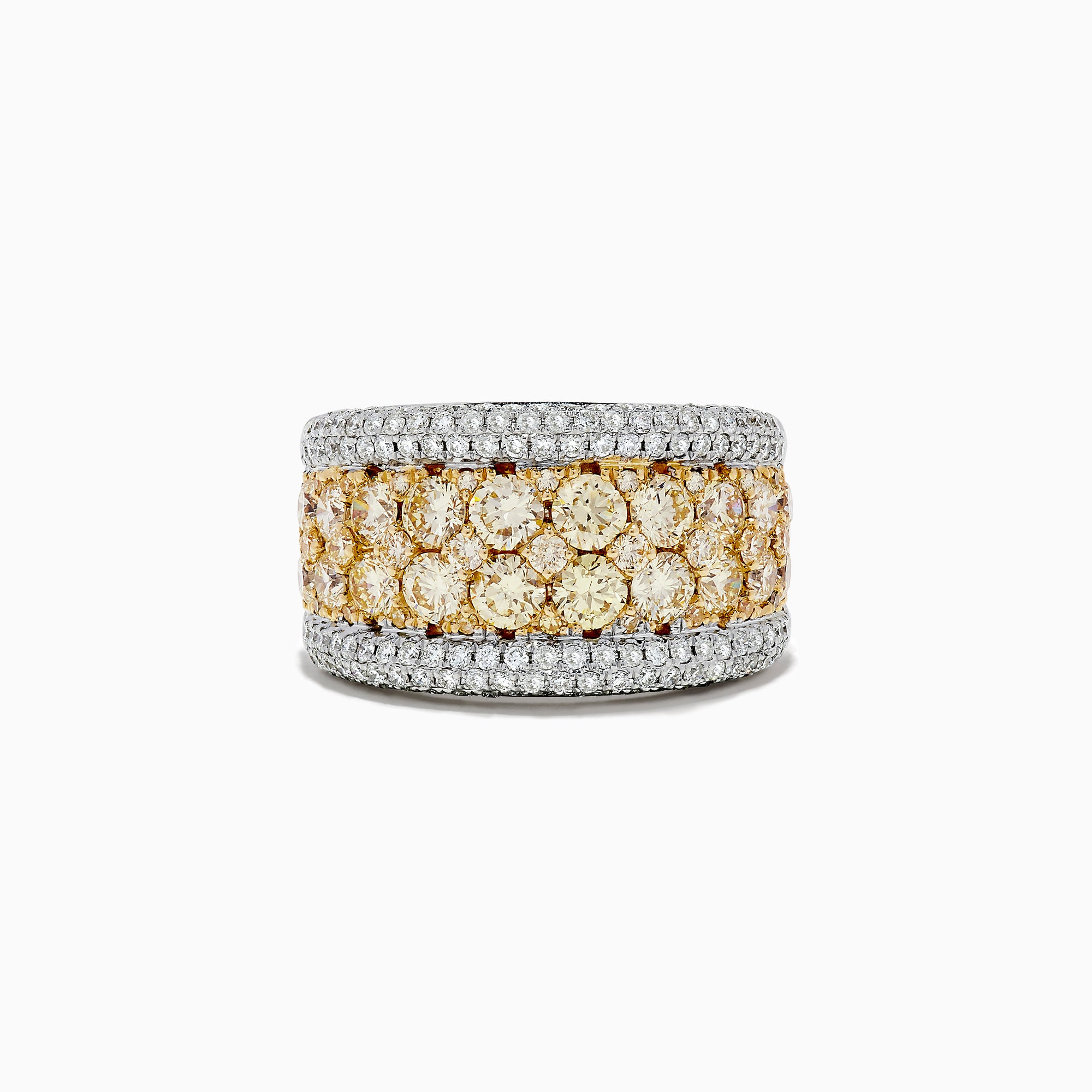 The Canare 14K Two Tone Gold Yellow Diamond Statement Ring 3.68 TCW features rows of round yellow diamonds at the center, bordered by sparkling white diamonds, set in luxurious two tone gold.