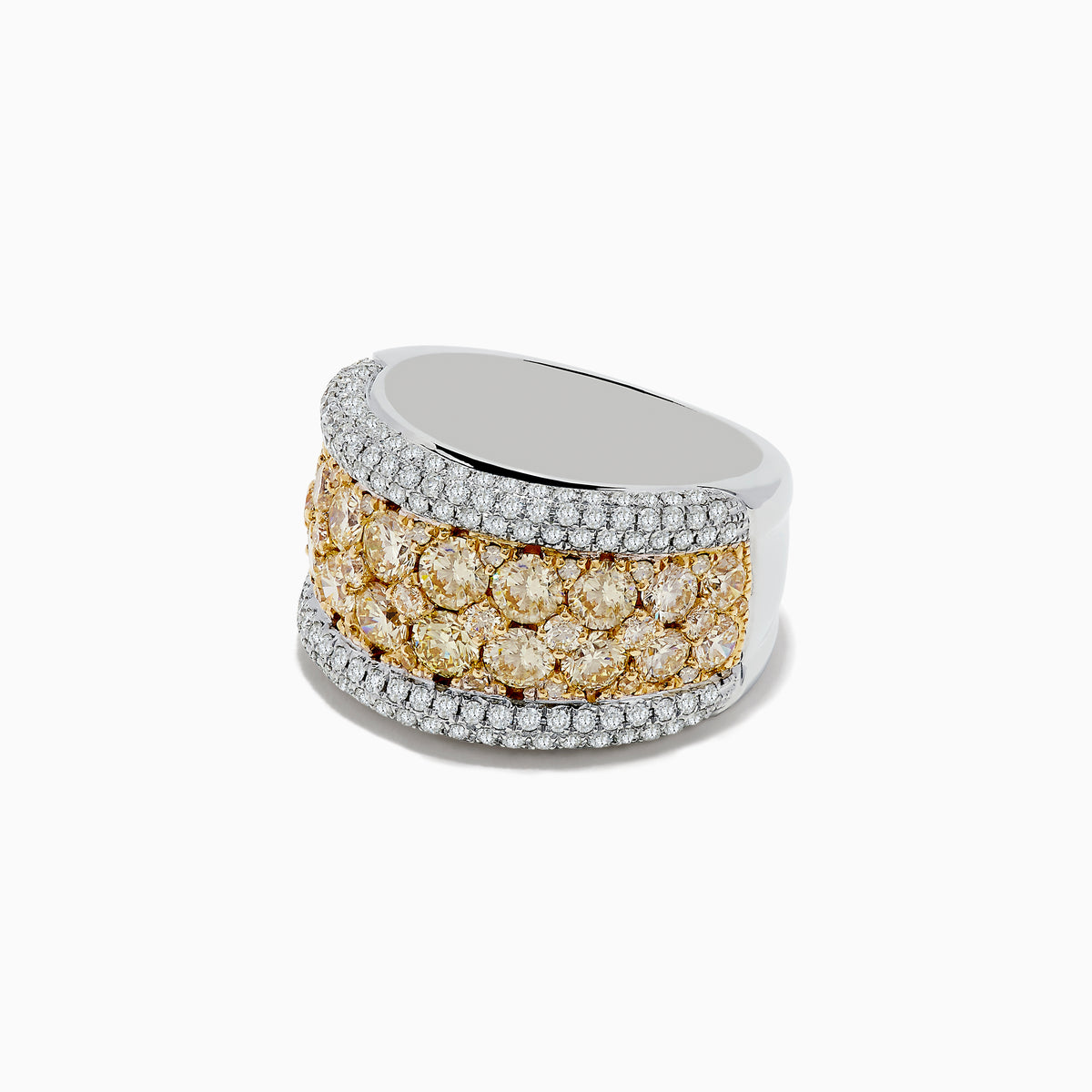 The Canare 14K Two Tone Gold Yellow Diamond Statement Ring 3.68 TCW features rows of round yellow diamonds at the center, bordered by sparkling white diamonds, set in luxurious two tone gold.