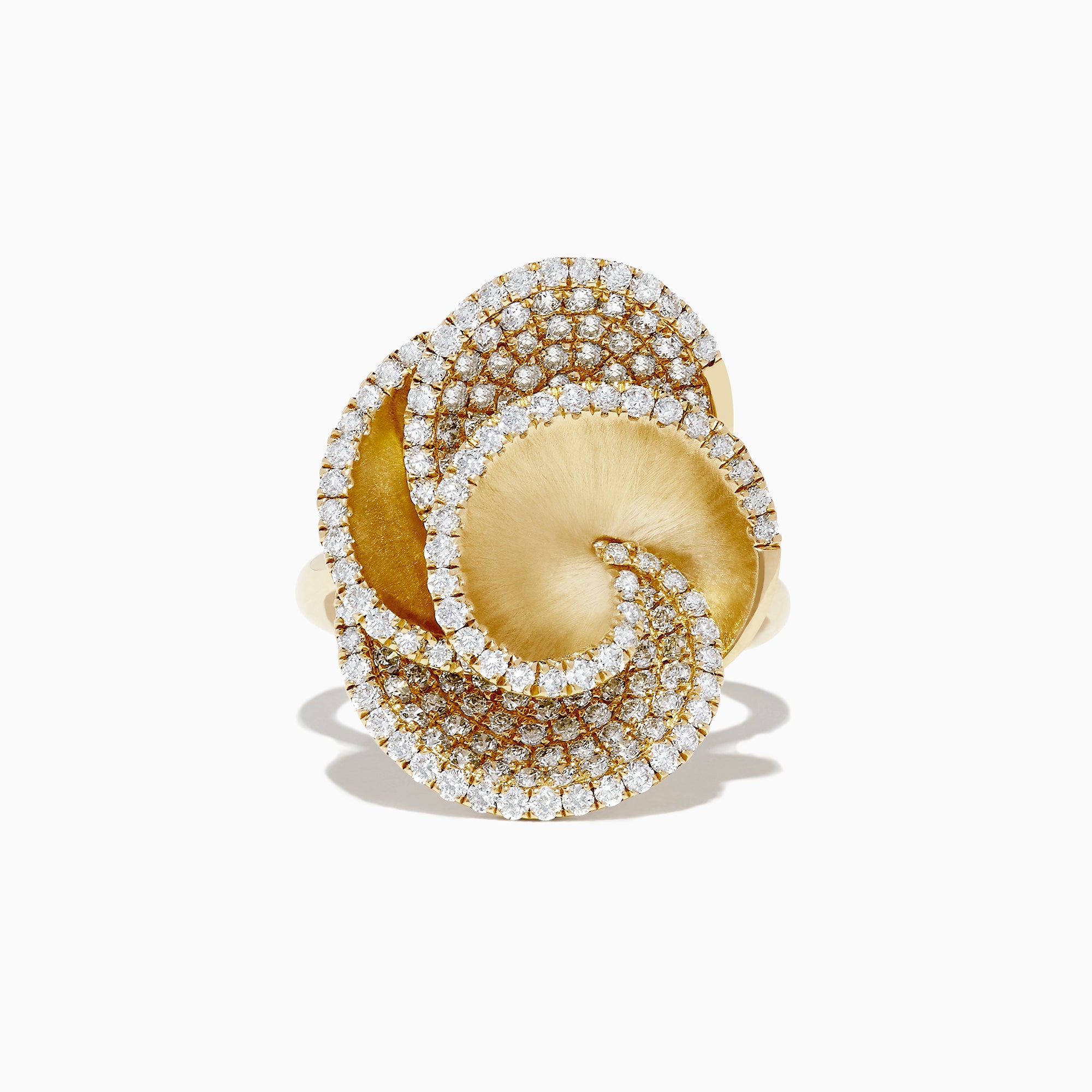 The DOro 14K Yellow Gold Diamond Flower Ring, 1.61 TCW, features three overlapping petal shapes outlined with sparkling white diamonds in a floral-inspired design against a plain white background.