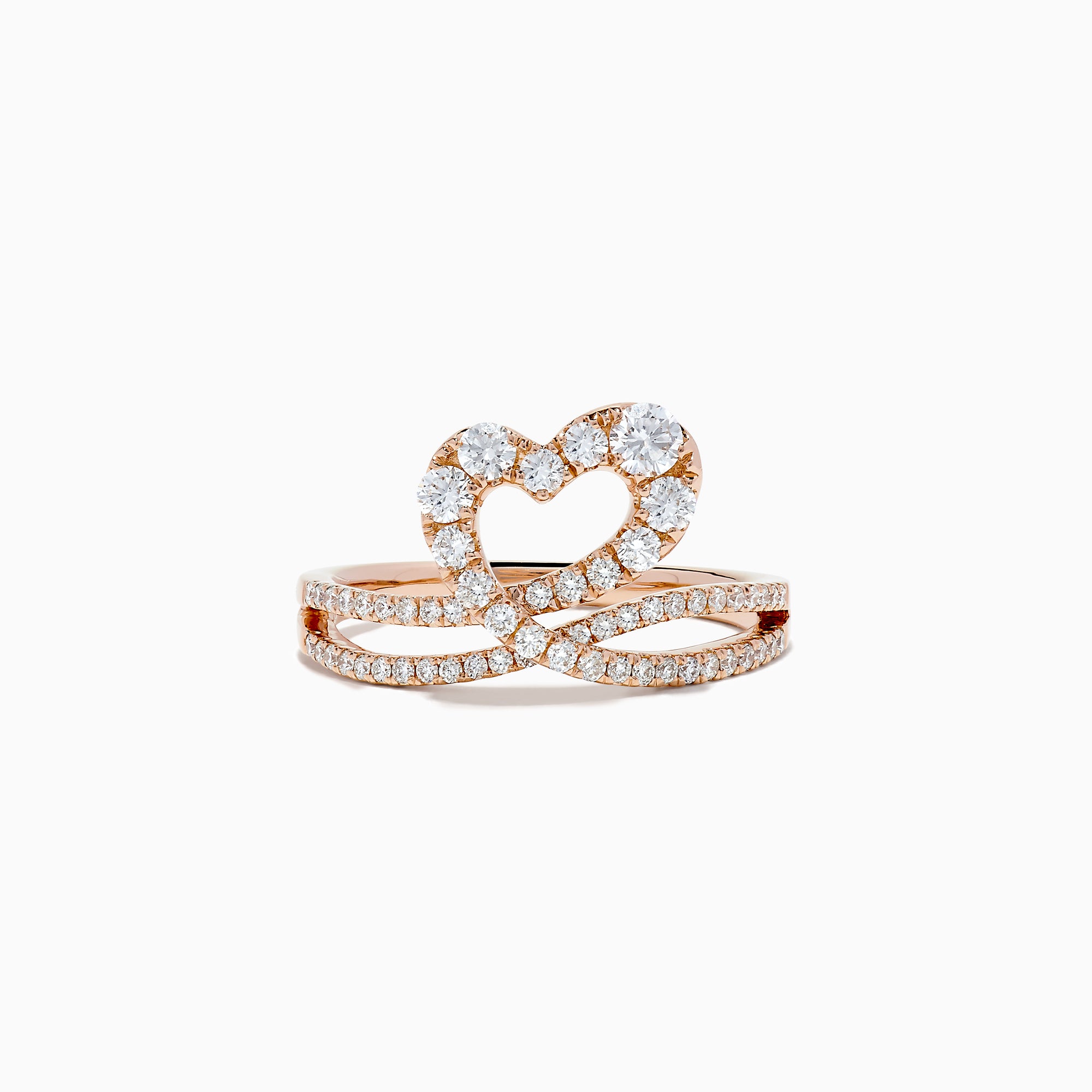 The Pave Rose 14K Gold Diamond Heart Ring, 0.66 TCW, is crafted in 14K rose gold with a heart-shaped design featuring an infinity symbol encrusted with sparkling diamonds, shown on a white background.