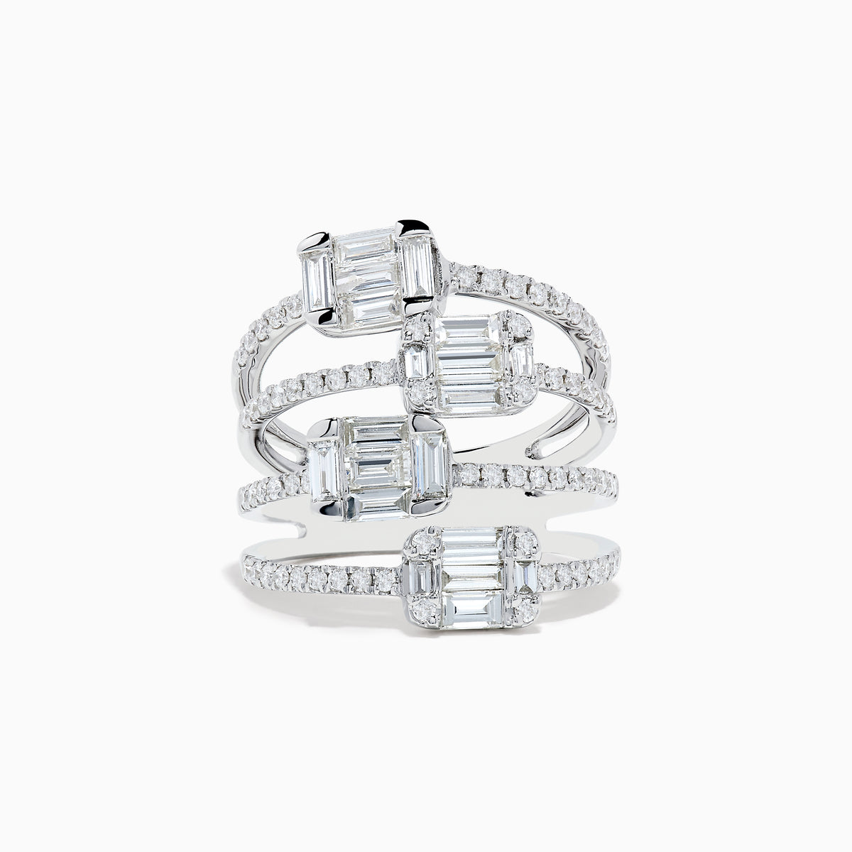 A Classique 14K White Gold Split Band Diamond Statement Ring with four emerald-cut clear stones and pavé diamonds forms stacked bands with intricate, sparkling details, showcased against a white background.