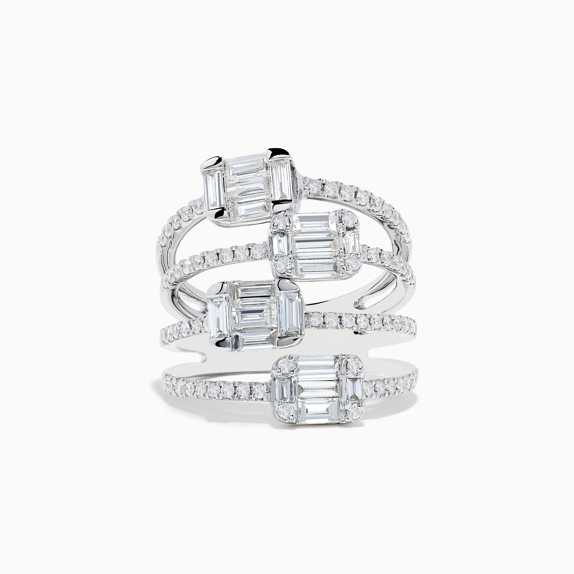 A Classique 14K White Gold Split Band Diamond Statement Ring with four emerald-cut clear stones and pavé diamonds forms stacked bands with intricate, sparkling details, showcased against a white background.