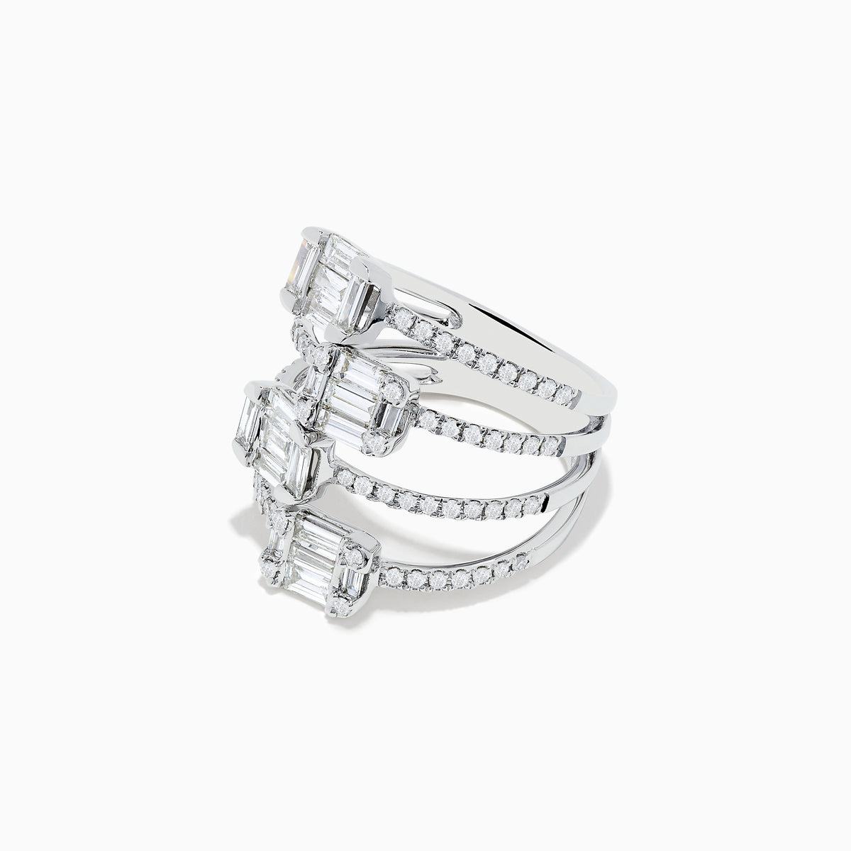 A Classique 14K White Gold Split Band Diamond Statement Ring with four emerald-cut clear stones and pavé diamonds forms stacked bands with intricate, sparkling details, showcased against a white background.