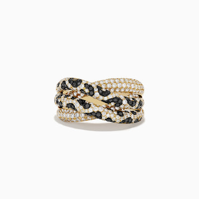The Signature 14K Yellow Gold Black Diamond Spot Crossover Ring features three intertwined bands with white and black diamonds in a leopard pattern, shown against a plain white background.