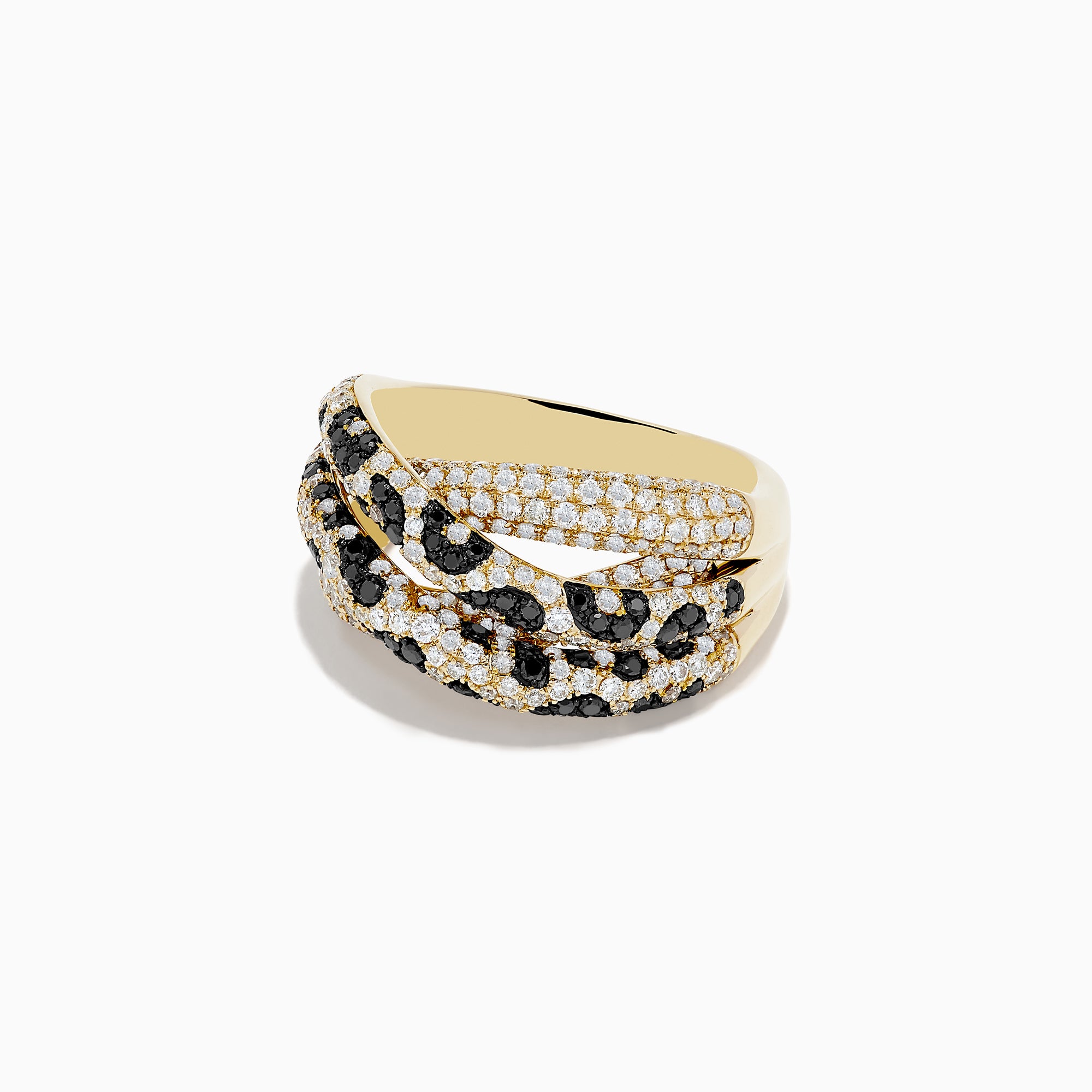 The Signature 14K Yellow Gold Black Diamond Spot Crossover Ring features three intertwined bands with white and black diamonds in a leopard pattern, shown against a plain white background.