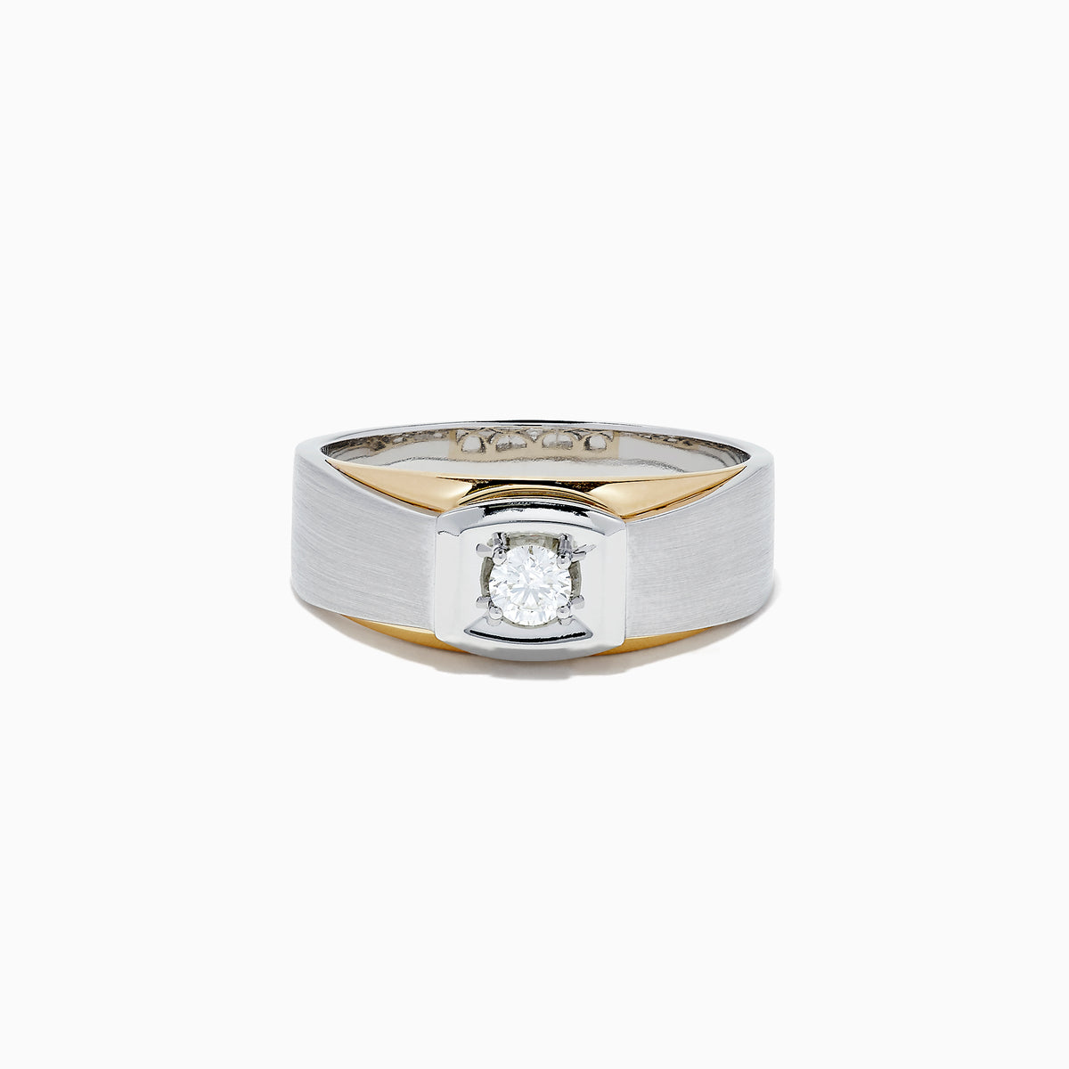 Mens 14K Two Tone Gold Diamond Ring, 0.23 TCW, with a wide brushed silver band, single round center diamond, and 14K gold accents for a bold two-tone look.