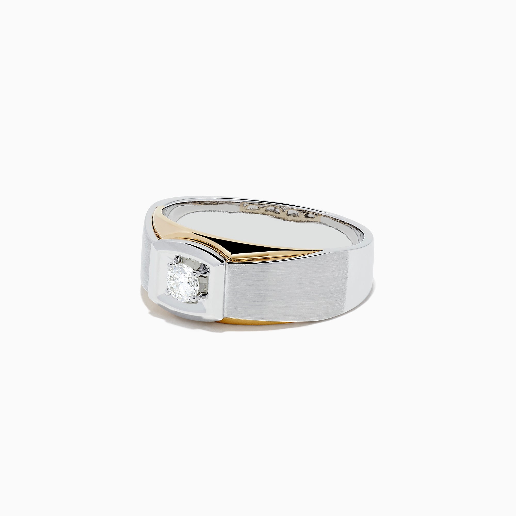 Mens 14K Two Tone Gold Diamond Ring, 0.23 TCW, with a wide brushed silver band, single round center diamond, and 14K gold accents for a bold two-tone look.