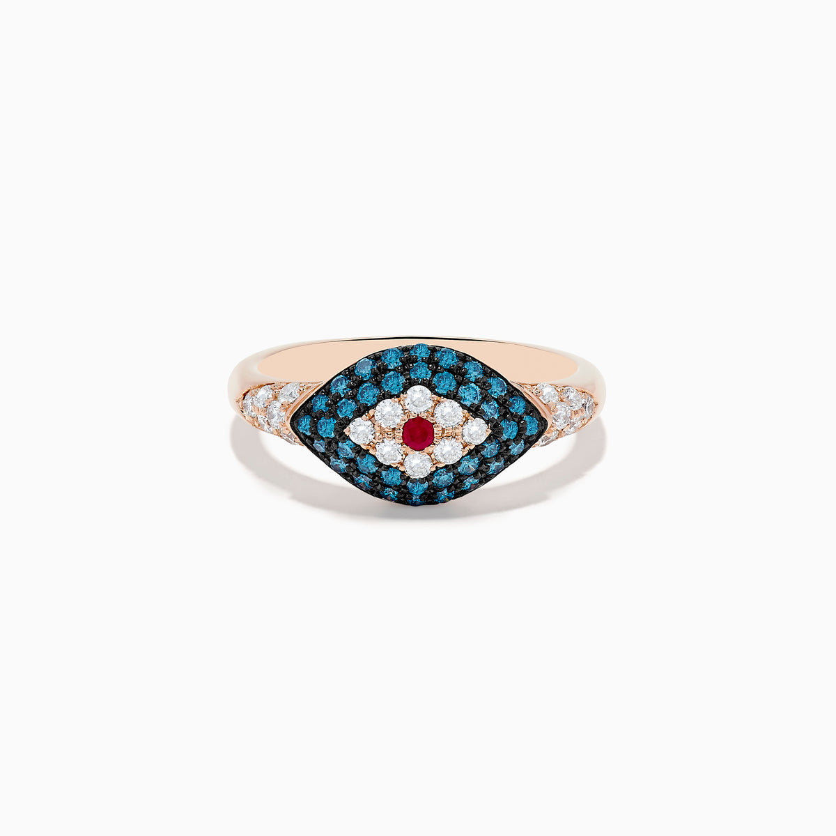 The Novelty 14K Rose Gold Blue Diamond and Ruby Evil Eye Ring features a central ruby, white and blue stones forming an evil eye motif, and small diamonds set along the band.