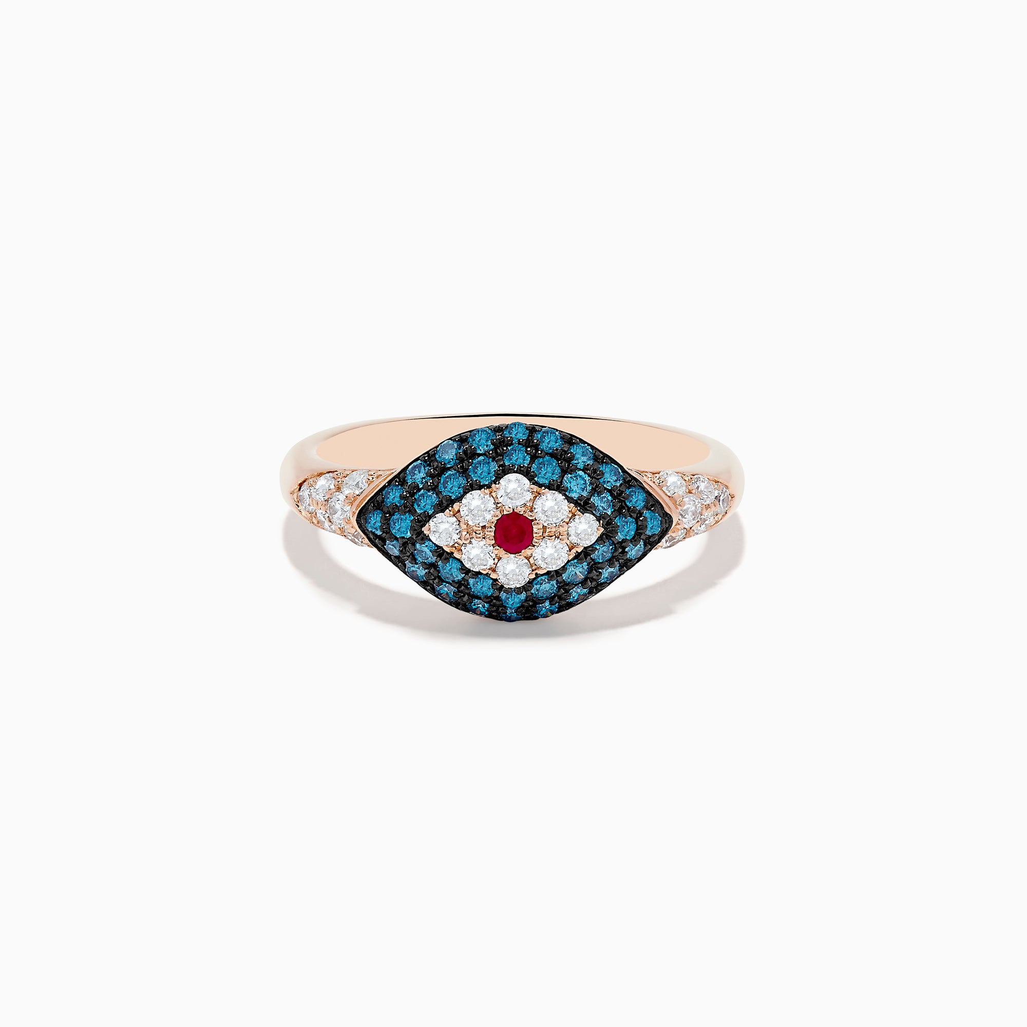 The Novelty 14K Rose Gold Blue Diamond and Ruby Evil Eye Ring features a central ruby, white and blue stones forming an evil eye motif, and small diamonds set along the band.
