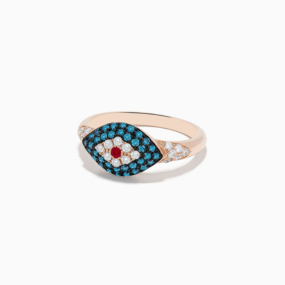 The Novelty 14K Rose Gold Blue Diamond and Ruby Evil Eye Ring features a central ruby, white and blue stones forming an evil eye motif, and small diamonds set along the band.