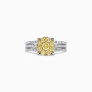 The Canare 14K 2-Tone Gold Yellow Diamond Bouquet Ring, 1.00 TCW, features a central cluster of yellow diamonds and sparkling accents on a triple-row split band for dazzling brilliance.