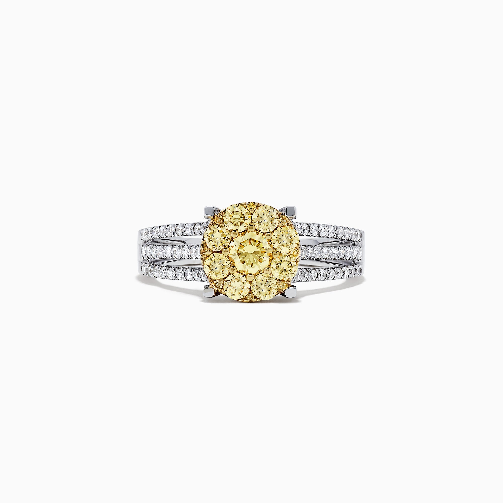 The Canare 14K 2-Tone Gold Yellow Diamond Bouquet Ring, 1.00 TCW, features a central cluster of yellow diamonds and sparkling accents on a triple-row split band for dazzling brilliance.