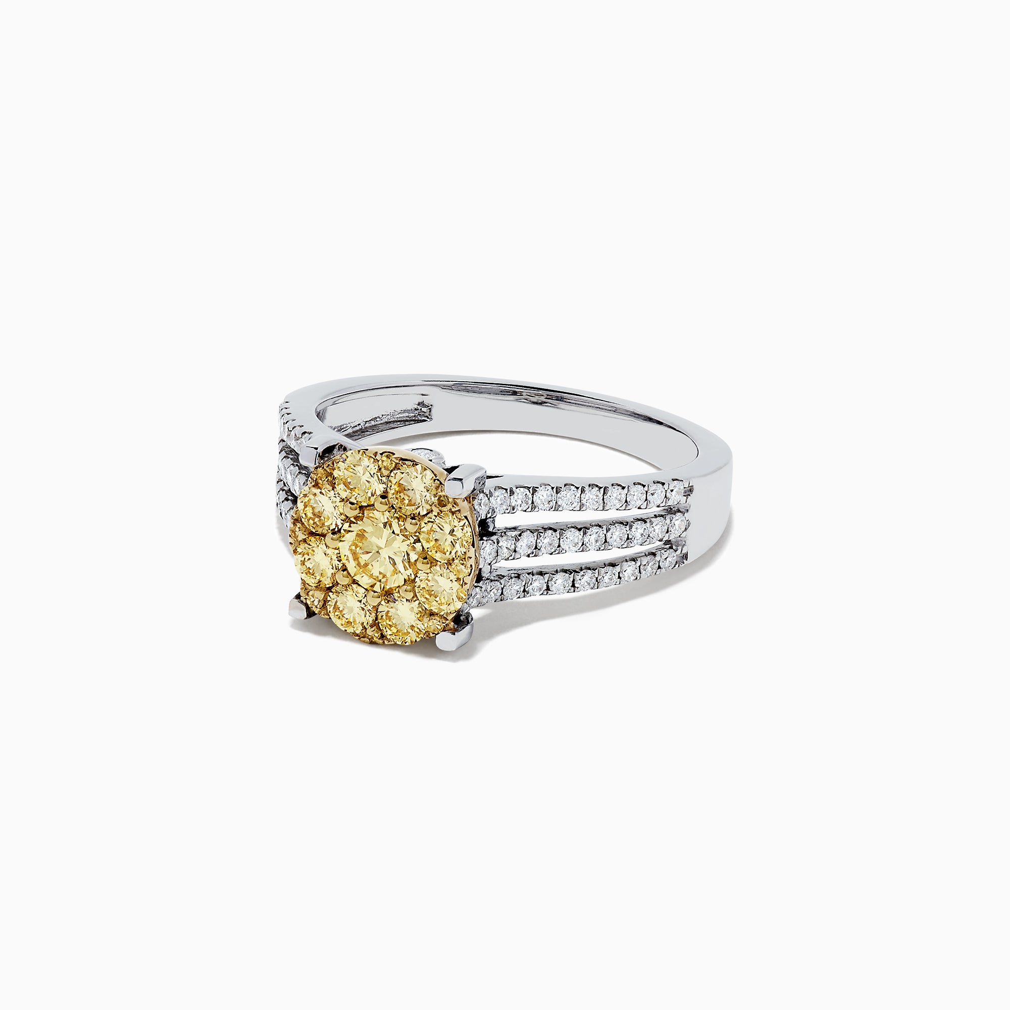 The Canare 14K 2-Tone Gold Yellow Diamond Bouquet Ring, 1.00 TCW, features a central cluster of yellow diamonds and sparkling accents on a triple-row split band for dazzling brilliance.