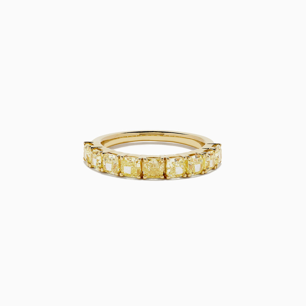 The Canare 18K Yellow Gold Cushion Cut Yellow Diamond Band (2.21 TCW) showcases a row of cushion cut yellow diamonds in a continuous gold band, displayed on a plain white background.
