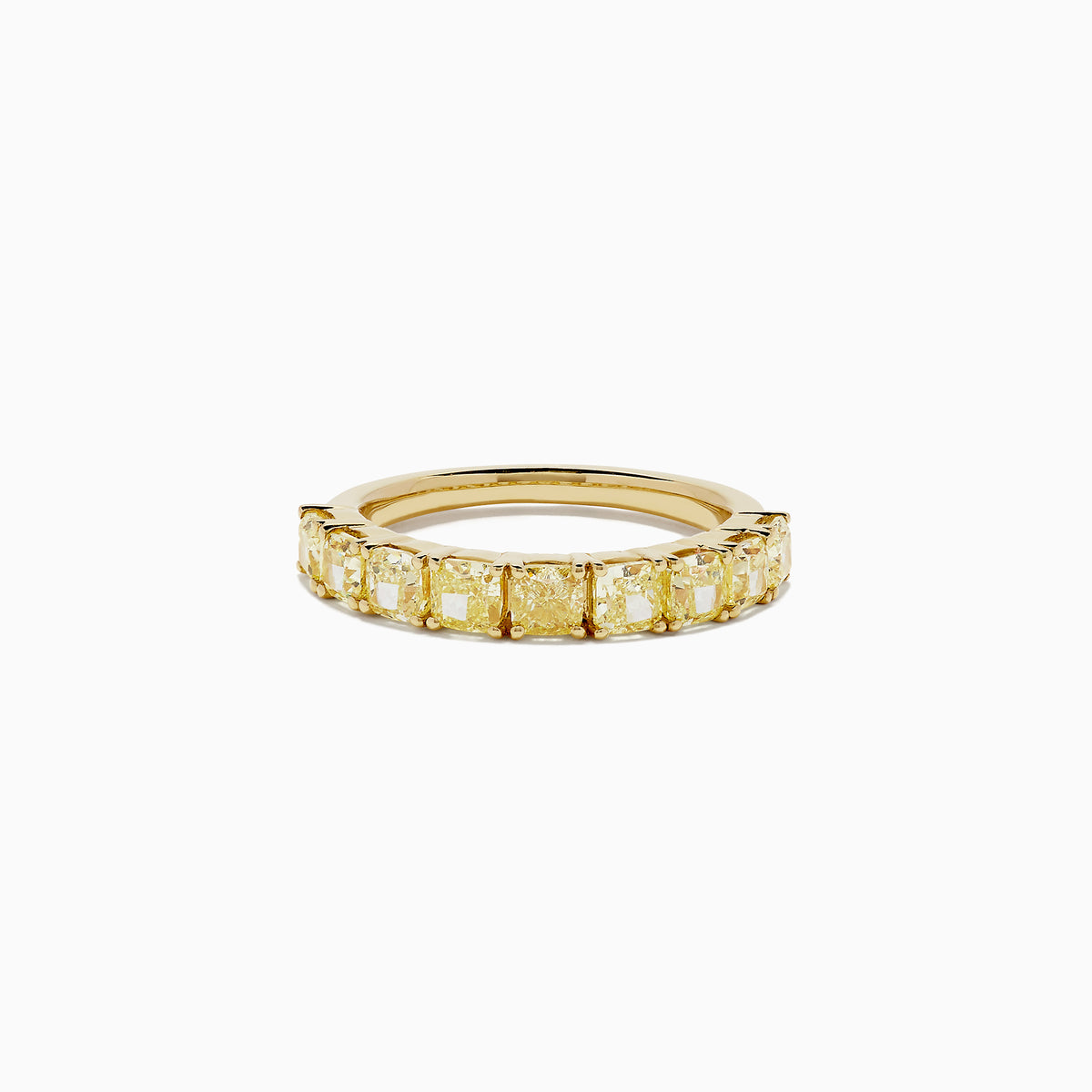 The Canare 18K Yellow Gold Cushion Cut Yellow Diamond Band (2.21 TCW) showcases a row of cushion cut yellow diamonds in a continuous gold band, displayed on a plain white background.