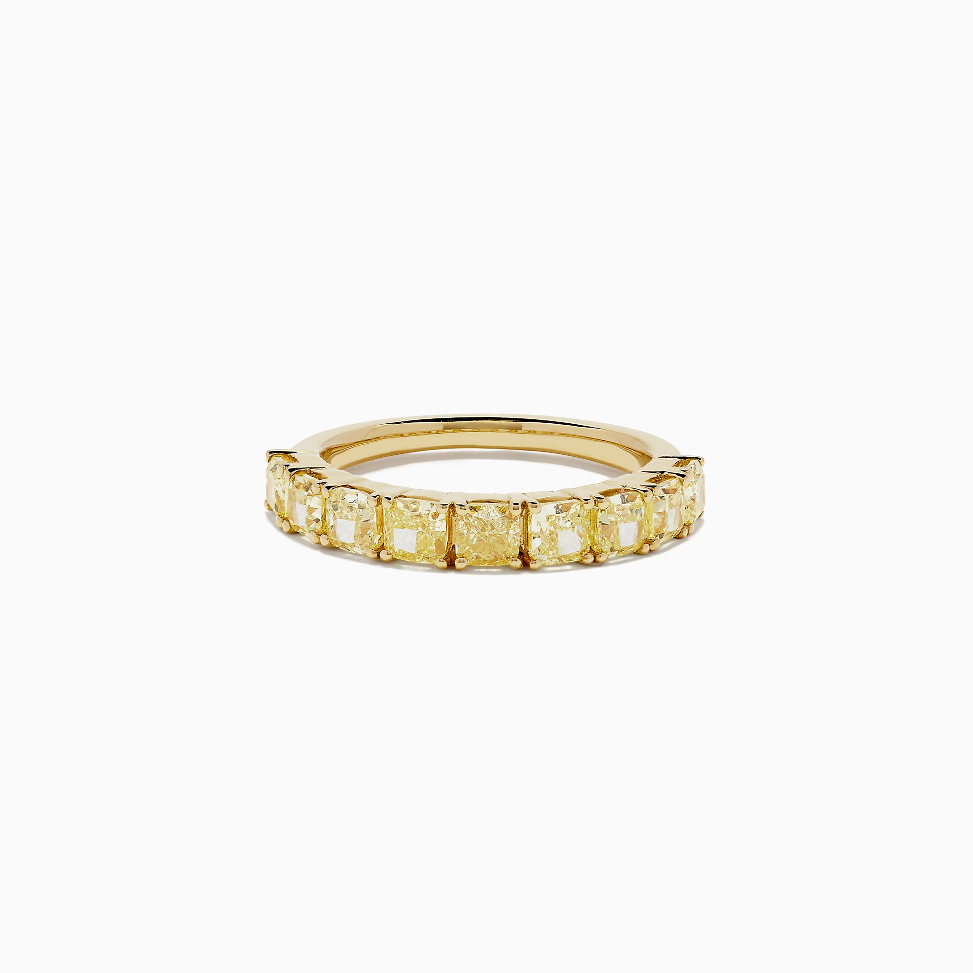 The Canare 18K Yellow Gold Cushion Cut Yellow Diamond Band (2.21 TCW) showcases a row of cushion cut yellow diamonds in a continuous gold band, displayed on a plain white background.