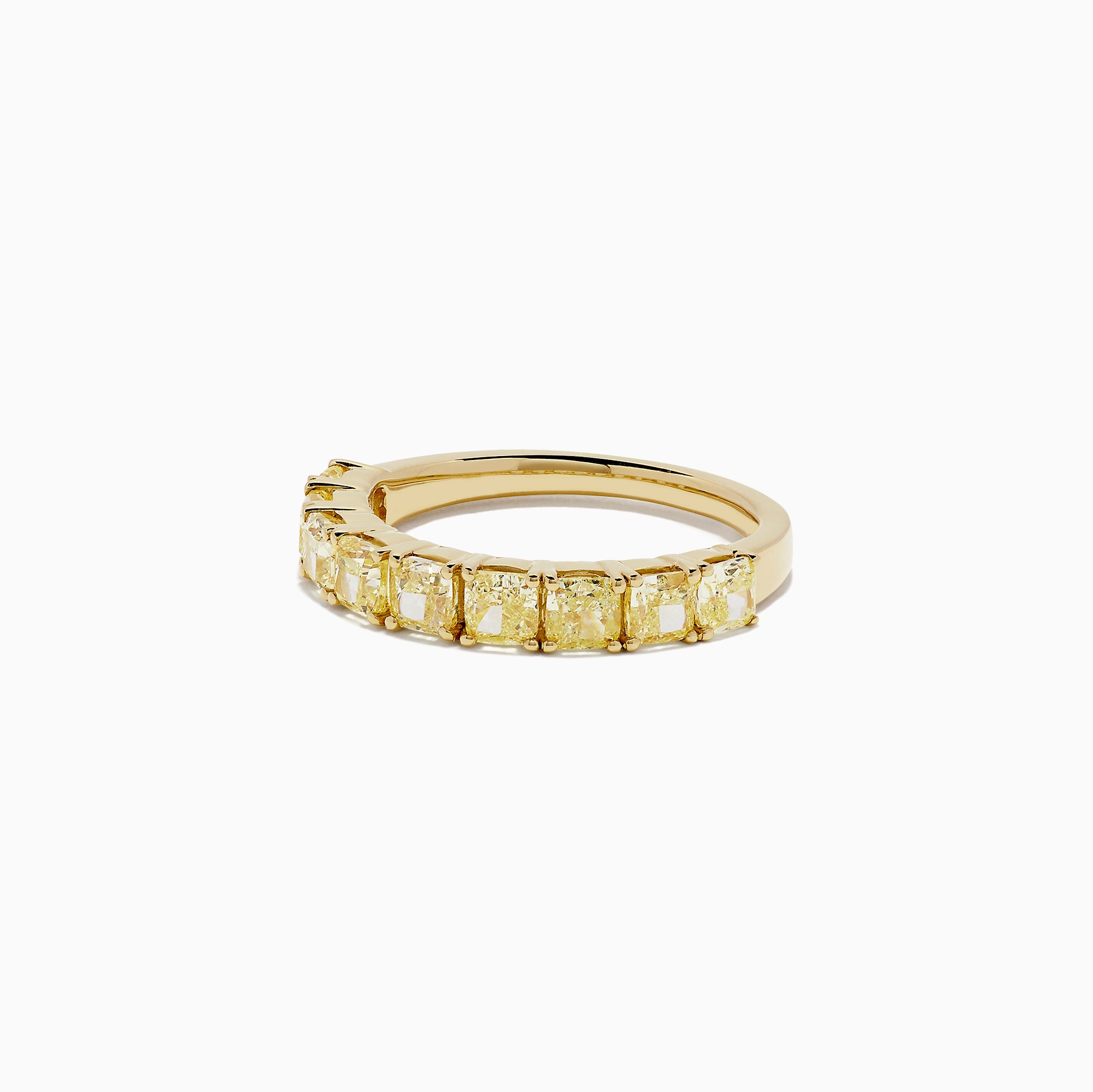 The Canare 18K Yellow Gold Cushion Cut Yellow Diamond Band (2.21 TCW) showcases a row of cushion cut yellow diamonds in a continuous gold band, displayed on a plain white background.