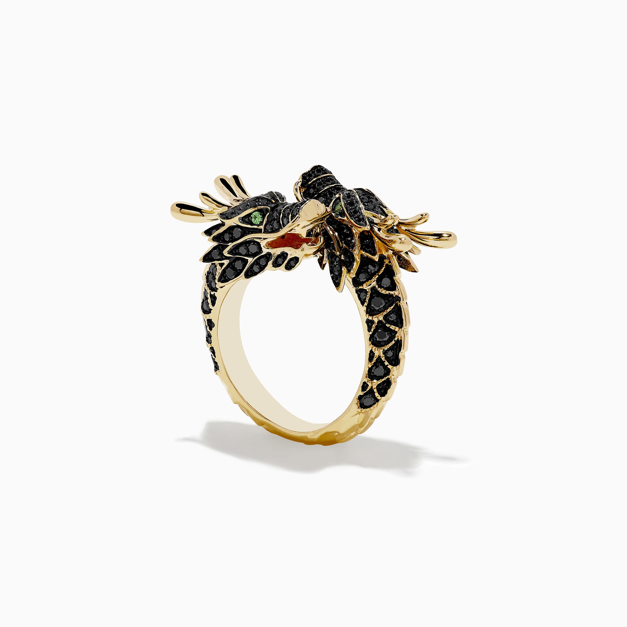 The Safari 14K Yellow Gold Black Diamond Dragon Bypass Ring features a dragon design with detailed black diamond scales, green eyes, and an open red-tongued mouth, shown against a plain white background.