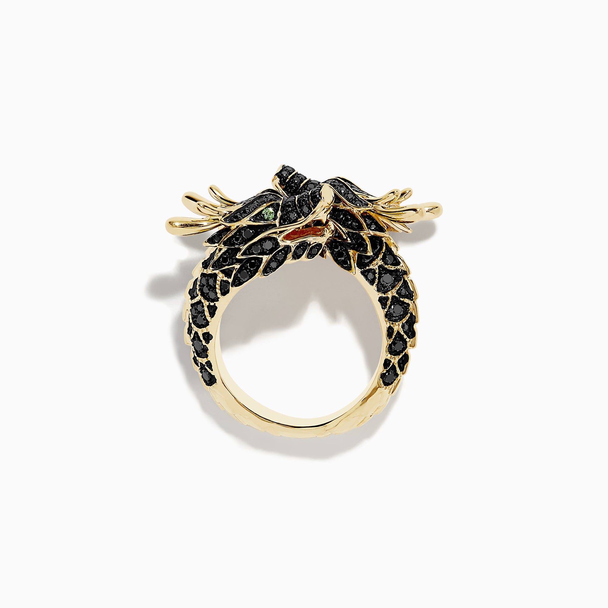 The Safari 14K Yellow Gold Black Diamond Dragon Bypass Ring features a dragon design with detailed black diamond scales, green eyes, and an open red-tongued mouth, shown against a plain white background.